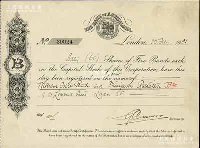 1931年澳大利亞銀行股票，60股計300英鎊，該行乃澳新銀行（世界500強企業(yè)，全澳四大銀行之一）前身；海外藏家出品，罕見且歷史意義厚重，八成新