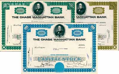 （紐約）大通曼哈頓銀行股票3種，詳分：1966年藍(lán)色定額100股，1969年綠色1股、橄色10股；該行為世界金融業(yè)巨頭，2000年與摩根合并，現(xiàn)稱摩根大通銀行，八五成新