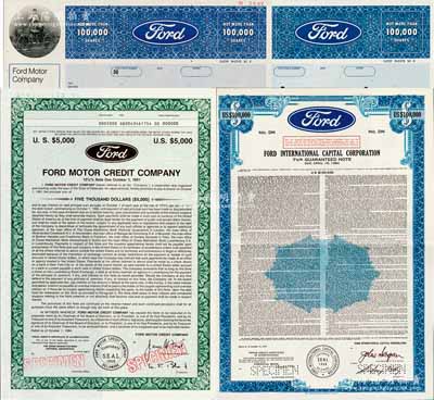 （美國）福特汽車公司股票、債券樣本共4種不同，詳分：1970年福特汽車公司股票樣本共2枚不同，其上經理簽名各不相同；1977年福特國際資本公司債券10萬美元；1991年福特汽車信貸公司債券5000美元，滿版水印，源于美國印鈔廠檔案，雕刻版印刷，少見，九五成新