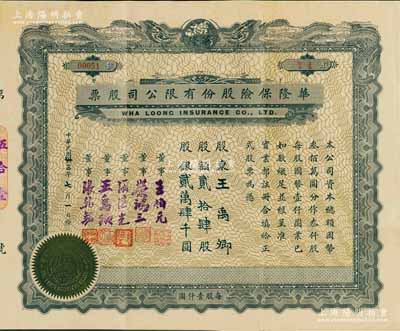 民國卅三年（1944年）華隆保險股份有限公司股票，貳拾肆股計股銀貳萬肆千圓，上印雙龍地球圖，票上董事王伯元乃上海灘金業大王、榮鴻三乃無錫榮氏家族（榮宗敬之次子，榮毅仁堂兄），而承購股東亦為董事王禹卿氏（近代著名實業家、無錫“蠡園”主人）；是項老股票乃源于王禹卿先生后裔所提供，且附帶原封套，尤為值得珍視，八五成新
