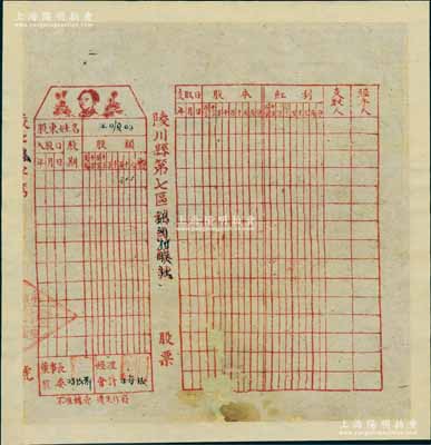 抗戰時代（山西）陵川縣第七區利民銀號改村聯社股票，股額300元，上印毛澤東像，屬山西解放區老股票；此種格式之毛像老股票，迄今或屬首見，值得珍視，背面已裱，七成新