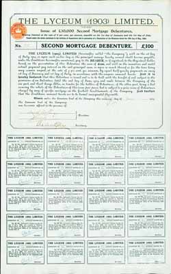1905年蘭心大戲院債券100英鎊，屬1903年公司改組原大股東易手后發行，附帶完整息票；蘭心大戲院乃老上海開埠至今歷時百年的劇場之一，昔年曾是各國駐滬領事、各界名流的聚會場所，解放后亦以演出精品劇場而享譽全國；海外藏家出品，九成新