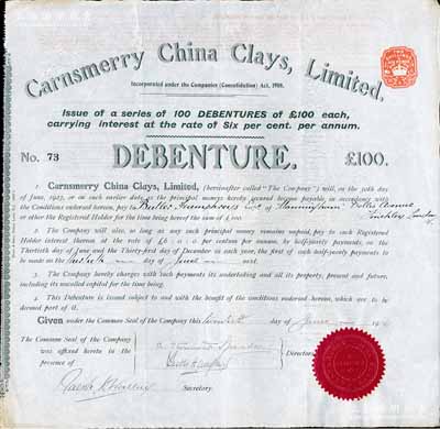 1914年中國黏土公司債券100英鎊，內有水印，屬早期進入上海的外商企業，此債券僅發行75張，可見其存世之罕見；黏土屬硅酸鹽礦物質，專門用來制造陶瓷；英國藏家出品，八五成新