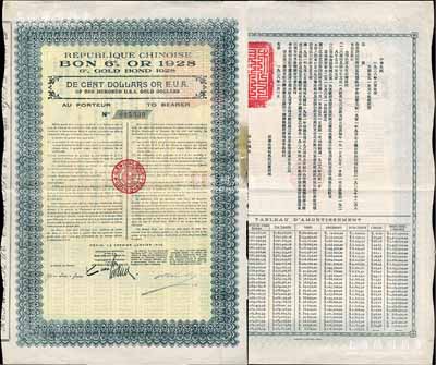 1928年中華民國政府對比利時“庚子賠款”六厘金券100美元，由華比銀行代理發行，背印中文發行條例，由財政總長閻澤溥簽署，屬北洋政府發行之最后一種外債；罕見，近八成新