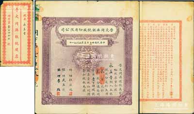 民國廿七年改作廿二年（1933年）晉文同濟銀號股份有限公司股票，貳股計通行大洋貳百元，附帶原封套及紅利摺1份；此乃山西文水銀號業之老股票，罕見，八成新