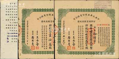 民國三十六年（1947年）中英大藥房股份有限公司合并增資股款收據共2枚不同，分別為壹拾萬股計國幣壹佰萬圓、壹拾肆萬陸仟股計國幣壹佰肆拾陸萬圓，其中1枚附有1966年公私合營中英藥廠、中英藥房董事會“領取股息”公函一則，七五成新
