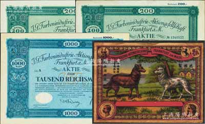 大德顏料廠股票共3種不同，詳分：1925年綠色200馬克、1926年綠色200馬克、1926年藍色1000馬克，均滿版水印，另附帶有昔年該廠中文商標圖1張；該公司即為全世界最大之化學壟斷企業“法本公司”，在華稱“大德顏料廠”，尤其在陰丹士林之銷售方面占有市場最大份額，其上海買辦即為著名顏料大王周宗良氏；海外藏家出品，八至九成新