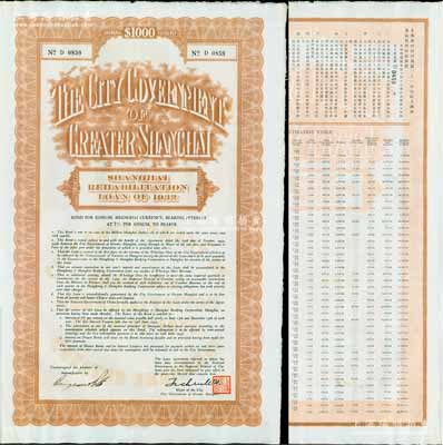 民國二十一年（1932年）上海市災區復興市政公債壹仟元，正面英文，背面有中文，由上海市市長吳鐵城和利安洋行經辦人簽名，附帶有息票；少見，九成新