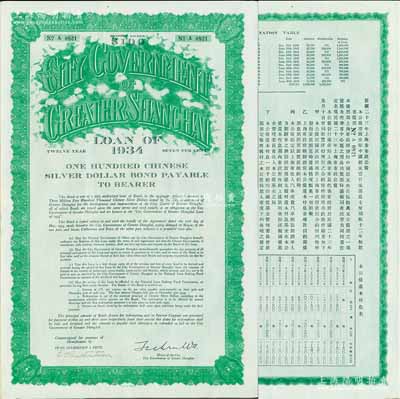 民國二十三年（1934年）上海市市政公債壹百元，正面英文，背面有中文，由上海市市長吳鐵城、新豐洋行葛勃生簽名，附帶有息票；少見，九成新