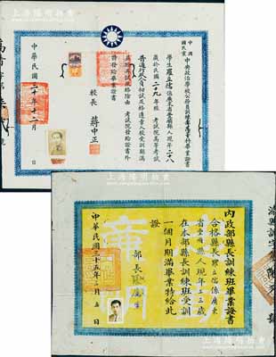 民國時(shí)期畢業(yè)證書共2件，詳分：1941年“中國國民黨中央政治學(xué)校公務(wù)員訓(xùn)練部高等科畢業(yè)證書”1張，由校長蔣中正簽署；1946年“內(nèi)政部縣長訓(xùn)練班畢業(yè)證書”1張，由部長張厲生（國民黨CC系骨干）簽署；此二證書，均系頒給廣東豐順縣羅立儒氏，保存尚佳，敬請預(yù)覽