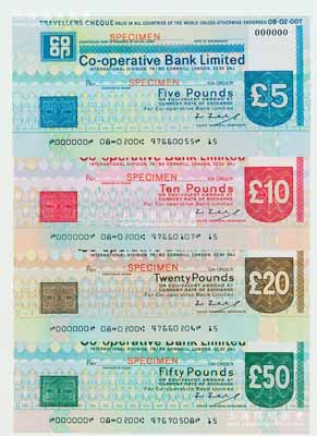 1976年（英國倫敦）合作銀行旅行支票5、10、20、50英鎊樣本券共4枚全套，附帶有原冊，九五成新