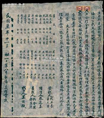 民國柒年（1918年）山西孝義縣·久勝窯記“立朋行炭窯執照約”一份，事由兌鎮武文耀氏之舊廢炭窯壹座、坡井三口作舊股貳俸，并召集新朋新股壹拾伍俸，議定每股現納資本錢伍拾吊文，言明行窯花錢多少由新俸承管，與舊俸無干，且列明各股東股份及公議約定等，另其上書有“蒙太上老君賜福”字樣，即指煤窯業所拜之祖師爺乃太上老君也；此乃晉商之傳統式老股票內涵豐富，保存甚佳，敬請預覽