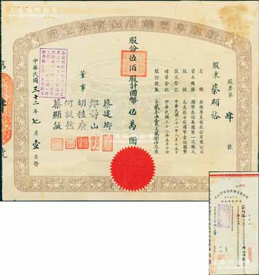 民國(guó)三十二年（1943年）新雅粵菜館股份有限公司股票，伍佰股計(jì)國(guó)幣伍萬圓，票上董事蔡建卿乃該菜館之創(chuàng)始人、郎靜山乃中國(guó)著名攝影家，此股票僅為“第4號(hào)”，其承購(gòu)股東即為蔡建卿之長(zhǎng)子蔡顯裕氏（著名建筑工程師，曾任華東建筑設(shè)計(jì)院總工程師）；此乃久負(fù)盛名之上海老字號(hào)飯店，時(shí)有名流光顧；珍罕品，八成新（另附該公司1946年增股臨時(shí)收條1枚，亦由蔡顯裕氏所承購(gòu)）