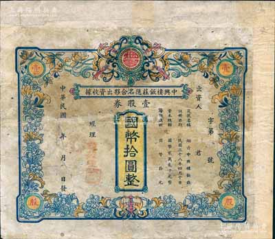 民國(guó)年（1939-）中興樓飯莊隱名合夥出資收據(jù)（即股票），壹股券計(jì)國(guó)幣拾圓，背印組織章程15條；此乃民國(guó)時(shí)期煙臺(tái)最著名之飯莊，其舊址迄今仍存，為當(dāng)?shù)刂奈锉Ｗo(hù)單位；此股票名稱特殊，且迄今為之首見，有修補(bǔ)，五至六成新