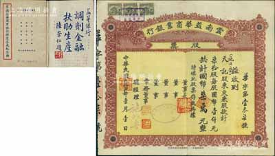 民國(guó)叁拾貳年（1943年）云南益華商業(yè)銀行股票，柒拾股計(jì)國(guó)幣柒萬元，票上董事長(zhǎng)陸崇仁氏曾任云南省議會(huì)議員、財(cái)政廳長(zhǎng)等職，其承購(gòu)股東即為票上總經(jīng)理施次魯氏；另附《云南益華商業(yè)銀行新廈落成紀(jì)念冊(cè)》1冊(cè)，內(nèi)有該行概要介紹及昆明市各銀行一覽表等；抗戰(zhàn)時(shí)代西南金融業(yè)老股票之珍罕品，亦屬首度公諸于陽(yáng)明拍賣，值得珍視和推重，八成新
