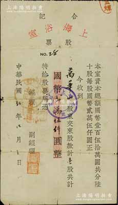 民國(guó)32年（1943年）上海浴室（合記）股票，壹股計(jì)國(guó)幣貳萬伍仟圓，屬抗戰(zhàn)時(shí)期之云南昆明老股票；少見，七成新