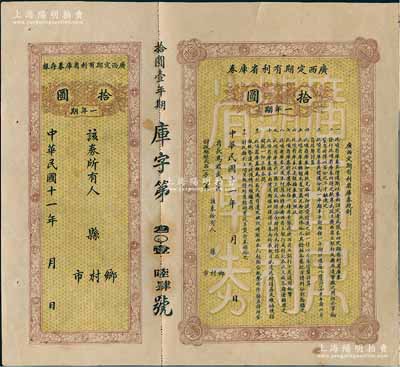 民國十一年（1922年）廣西定期有利省庫券·一年期拾圓，由省長馬君武簽名（著名教育家，廣西大學(xué)創(chuàng)建人），附帶有存根，八成新