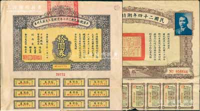 民國債券2種，詳分：平漢鐵路民國二十二年清理員工欠薪支付券1934年拾圓、民國二十四年湖北省建設(shè)公債伍圓，均附帶有息票，七至八成新