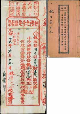 光緒廿六年（1900年）林禮之堂建新村票（即股票），小沙塘新村股份銀壹佰壹拾兩；另附1918年《香山·黃梁鎮(zhèn)尼灣小沙塘林禮之堂善后章程及各宗親所入村份神主芳名錄》1冊(cè)，內(nèi)中詳列相關(guān)善后事宜及章程、各股東股份明細(xì)等，均為林立簡(jiǎn)氏執(zhí)有；此乃廣東中山地區(qū)林氏宗親之傳統(tǒng)地產(chǎn)類(lèi)老股票，少見(jiàn)且形式特殊，值得細(xì)覽和推重，八成新