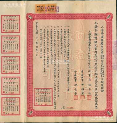 民國二十二年（1933年）上海華商證券交易所股份有限公司分配公積金及資產(chǎn)盈余等分期領(lǐng)款證，面額國幣銀元壹仟圓，上列章程，且附帶息票，票上理事長張文煥即交易所發(fā)起人張慰如氏、常務(wù)理事沈長賡乃上海灘與黃金榮齊名之青幫大亨；罕見品，內(nèi)有水印，八成新