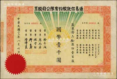 民國三十二年（1943年）通易信托股份有限公司股票，壹百股計國幣壹千圓，票上董事徐寄庼乃民國著名銀行家（曾任浙江興業(yè)銀行董事長），而承購股東潘志銓氏出身買辦世家，為上海著名小開，曾任怡和洋行買辦，家族顯赫一時；少見，八成新