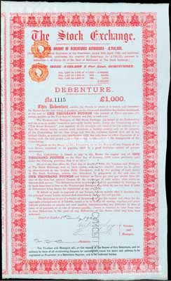 1900年（英國）倫敦證券交易所債券紅色1000英鎊，內有水印，罕見，八五成新