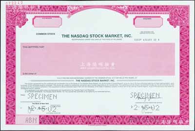 2002年美國納斯達克交易所股票樣張，紫紅色印刷；該交易所始建于1971年，是首家電子化股票市場，也是全美乃至世界最大的股票電子交易市場；源于美國印鈔廠檔案，雕刻版印刷，罕見品，全新