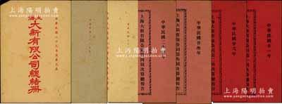 民國廿一至二十九年（1932至1940年）《上海大新有限公司決算總報告（總結(jié)冊）》共7冊不同，詳分：1932年第一屆、1933年第二屆、1934年第叁屆、1935年第四屆、1936年第五屆、1937年第六屆和1940年第九屆各1冊，內(nèi)中均印有該公司董事局名錄、財務(wù)報告等詳情；該公司為民國“四大百貨公司”之一，歷史意義厚重；保存甚佳，敬請預(yù)覽和重視