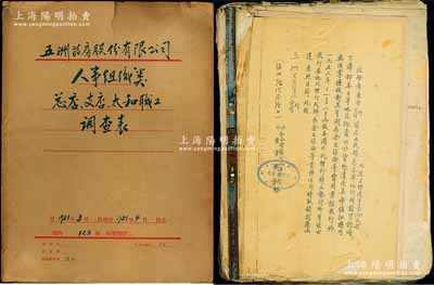 1951至1953年五洲大藥房檔案資料共2大冊，詳分：《五洲藥房股份有限公司人事組織類總店、支店、太和職工調查表》1冊，匯集整合各店、各部門、各職位員工之人事檔案；另有該公司與各銀行業務往來憑據、信箋、公函及購買證等資料1冊，內中涉及華比銀行、中國銀行、公私合營銀行、浙江第一商業銀行等；該藥房為上海著名之老字號，由海上聞人黃楚九氏所創設；是項檔案資料內容豐富，保存甚佳，敬請預覽