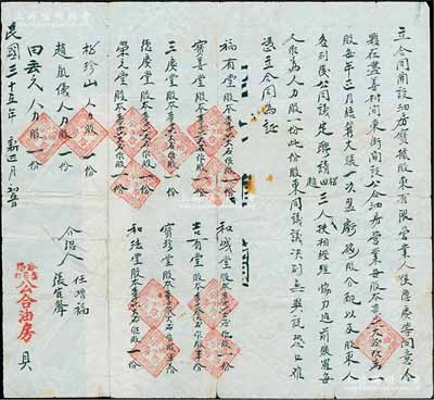民國三十五年（1946年）山西汾陽“公合油房”股份合同1份，事為侯德慶等人合夥在汾陽盡善村開設公合油房營業，內中詳列“福有堂、寶善堂、三慶堂、德慶堂、榮元堂、和盛堂、和法堂各入股本一份，吉有堂、寶珍堂各占股本半份，另有三人各占人力股一份”等情，乃屬晉商之傳統式老股票，內涵豐富，保存較佳，敬請預覽