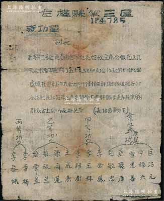 1947年（山西解放區）左權縣第三區“表功單”1張，事為經全區合作社長、婦救主席會議，總結了50大紡織和合作社節約計劃的成績，經大眾討論評功，公示表功名單，內中詳列合作社長各計一功、甲等功、乙等功、丙等功各數名；此乃解放區合作社之歷史實證，保存尚佳，敬請預覽