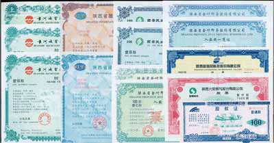 改革開放時期陜西省股票共14枚，詳分：1992年黃河機電股份有限公司股票普通股100股3枚；1992年西安民生百貨股份有限公司股票普通股100股票樣2枚；1992年陜西省國際信托投資公司股票普通股100股票樣、10000股票樣；1993年陜西省金葉印務股份有限公司入股統一憑證藍色1000股票樣2枚、綠色普通股100股票樣2枚；1993年泛亞海陸運輸股份有限公司股權證普通股100