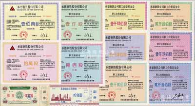 承德鋼鐵股份有限公司股票債券共12枚不同，詳分：1994年“法人股權證”10萬股、100萬股，“職工股權證”800股、1000股、1200股、1400股，“職工合股基金證”1400股、1900股、2300股、2800股；1992年承鋼合資辦電建設債券壹佰圓、1994年承德鋼鐵公司債券貳佰圓；九五成新