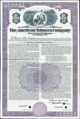 1952年美國煙草公司紫色1000美元債券樣本，至1977年到期，年息3.25%，上印印第安人和煙葉地，雕刻版印制精美；美國藏家出品，罕見，九成新