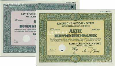 1942年（德國）寶馬汽車公司股票（簡稱BMW）共2枚全套，詳分：1股計100馬克、10股計1000馬克，均有滿版水印，且蓋寶馬標志鋼印；該公司乃全球聲譽最高的企業之一，向在世界高性能和豪華轎車市場上的穩居主角地位；德國藏家出品，少見，九五成新