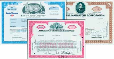 美國銀行業老股票3種，詳分：1970年大通曼哈頓銀行（即摩根大通，世界500強2017年第48位）100股；美國銀行（世界500強2017年第62位）2012年1股；1963年美國運通公司（2017年第315位）10股；海外藏家出品，八至九五成新