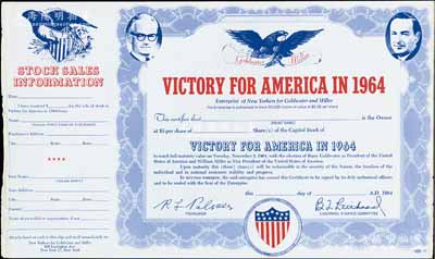 1964年美國總統選舉“股票”宣傳品1張，其上印有總統候選人貝利·高華德像（后敗給林登·約翰遜）；高華德曾在二戰時期參加美國空軍，多次飛越喜馬拉雅山脈的駝峰航線運送物資至中國；海外藏家出品，誠屬老股票收藏之特殊趣味品，九成新