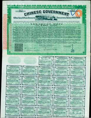1919年中華民國政府對外發行“中國政府八厘十年期金庫券”（即費克斯借款之軍火公債）100鎊，由北洋政府財政總長李思浩簽署，背印有中文；后由南京國民政府所繼承，故補印之息票均由財政部長孔祥熙簽署；八成新