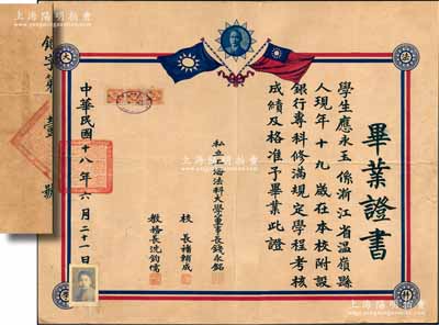 民國十八年（1929年）“私立上海法科大學”畢業(yè)證書1張，其編號為“銀字第壹號”，頒給浙江溫嶺籍學生應永玉氏（上海兒童圖書館創(chuàng)始人，被譽為“中國抗戰(zhàn)捐款第一人”），由董事長錢永銘（著名銀行家，曾任交通銀行董事長）、校長褚輔成（九三學社發(fā)起人之一，中國著名社會活動家）、教務長沈鈞儒（曾任中國民主同盟中央主席）簽署；此種名人畢業(yè)證書存世罕見，且又為昔年發(fā)行之第1號，實可謂乃“難得珍