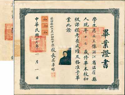 民國十七年（1928年）“臨海縣私立東山初級中學”畢業(yè)證書1張，其編號為“東字第叁號”，頒給浙江溫嶺籍學生應永玉氏（上海兒童圖書館創(chuàng)始人，被譽為“中國抗戰(zhàn)捐款第一人”），由校長吳卓彬簽署；此種名人畢業(yè)證書存世罕見，保存甚佳，敬請預覽和珍視