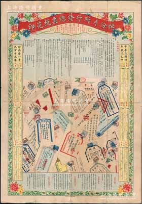 民國四年（1915年）“印花稅票總發(fā)行所月份牌”一張，尺寸380×540mm，上印印花稅摘要，正中主圖印有各式貼稅票之單據(jù)（內(nèi)含各式匯票、借據(jù)、存單、護照、股票、保險單、賬本、契約等），下方則印有中國銀行、交通銀行、新華儲蓄銀行和財政部印刷局廣告，內(nèi)涵豐富、形制美觀；此種印花稅票總發(fā)行所月份牌，誠屬我國正式開征印花稅之重要歷史見證，亦屬首度公諸于拍賣，堪稱極致佳品，值得珍視和典