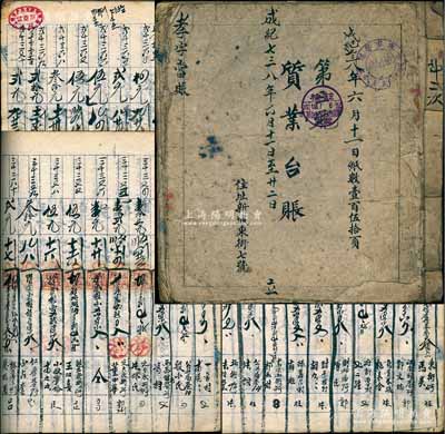 成紀七三八年（1943年）綏遠厚和（即呼和浩特）“興亞當”《質(zhì)業(yè)臺賬》1冊，其填寫賬目之詳情厚達150頁，內(nèi)中開列該當鋪質(zhì)押交易之流水賬，包括“質(zhì)入日期、貸與金、交換贖出或絕贖之區(qū)別及其年月日、質(zhì)物種類及件數(shù)、出質(zhì)人住所姓名”等；此種“綏遠”典當業(yè)之傳統(tǒng)賬本內(nèi)涵豐富，極為難得，保存較佳，敬請預覽