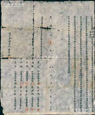 民國二十五年（1936年）北京延慶地區(qū)“德泰炭窯”合夥合同1份，事為“賈鴻勛、張式鴻、李學(xué)仁等因情投意合，集股開采煤炭，公起字號德泰炭窯，曾租到陳村張俊鰲坐落漚子溝炭窯，又租到楊王莊郭九齡等坐落水泉溝炭窯，共集銀股11股”等情，并約定公議條款，且列明10名股東姓名、所占股數(shù)等，乃屬傳統(tǒng)式合同老股票，保存尚佳，敬請預(yù)覽