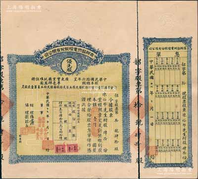 民國十七年（1928年）商辦韶州電燈股份有限公司股票，優(yōu)先股肆拾份計銀壹仟圓，附帶有息單；此股票為發(fā)行之“第拾號”，少見，八成新