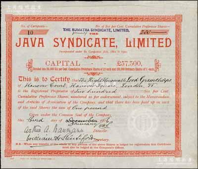 1904年爪哇辛迪加（橡皮）有限公司股票，優先股200股（每股1先令），該公司與晚清上海“橡皮股票風潮”相關，少見，八五成新