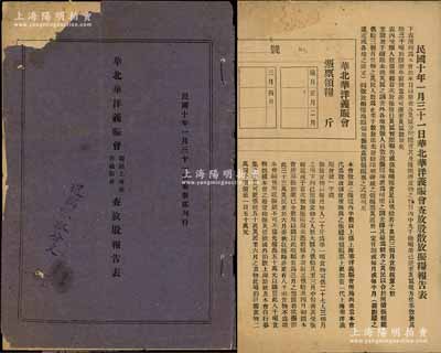 民國十年（1921年）《華北華洋義賑會（聯絡上海華洋義賑會）查放股報告書》1冊，內中開列該會在各災區分配糧食及其他振濟食物之詳情；華洋義賑會是民國最大的民間慈善組織，由美國美北長老會傳教士裴義理（Joseph Bailie，1860-1935年）發起創辦，至1941年太平洋戰爭爆發后一度被日軍視作敵對組織而被迫全部終止，后于1949年9月1日宣布解散；保存尚佳，敬請預覽