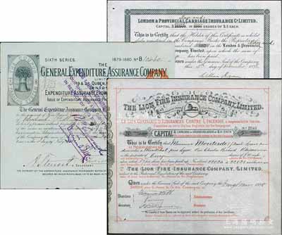 清代英商保險公司股票3種，詳分：1876年英國倫敦及外省保險有限公司股票，1股計5鎊，該公司曾于1863年在上海設立代理處；1879年英國倫敦通用保險公司股票1股計5鎊、1880年英國獅子火災保險公司股票5股（每股10鎊），此二公司自清末即進入香港和中國；英國藏家出品，少見，八至九成新