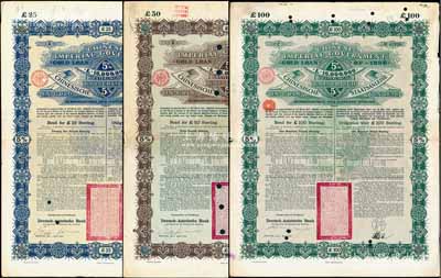 1896年大清中華帝國政府英德借款金債券25鎊、50鎊、100鎊共3枚不同，由德華銀行（Deutsch-Asiatische Bank）代理發(fā)行，駐德公使許景澄簽章，滿版水印，其中100鎊券較為罕見；八成新