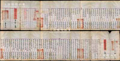 光緒二年五月（1876年）工部寶源局“管理錢法堂事務宜”公文折一份，事為“呈為呈明存案事，前準戶部咨稱本部具奏捐銅局收捐銀兩，擬請一律統收庫平，藉資寶泉、寶源兩局辦公之用”等情，并開列詳細賬目，鈐有“管理寶源局工部分司之關防”官印八處，乃屬清代錢法文獻之原始檔案，少見，保存尚佳，敬請預覽和重視