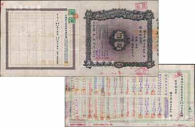 民國四年（1915年）中國銀行股份有限公司股票，壹股計國幣壹百元，天津分行發行，由常務董事李銘、張嘉璈、馮耿光、宋子文、陳光甫5人簽名，背面兌付股息至1965年，少見，八成新
